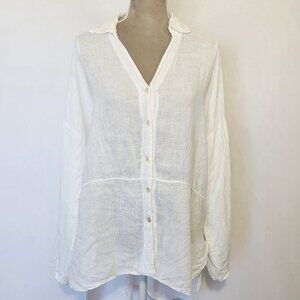 Meo Meli Made In Italy Size 1X White Linen Button Down Roll Tab Sleeve Shirt Top